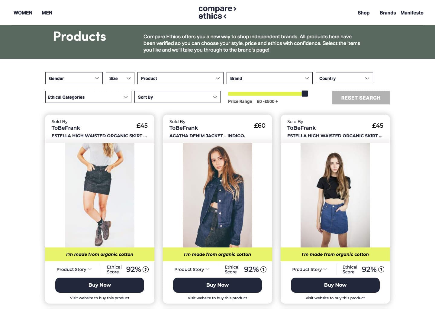 Screenshot of compare ethics old products page